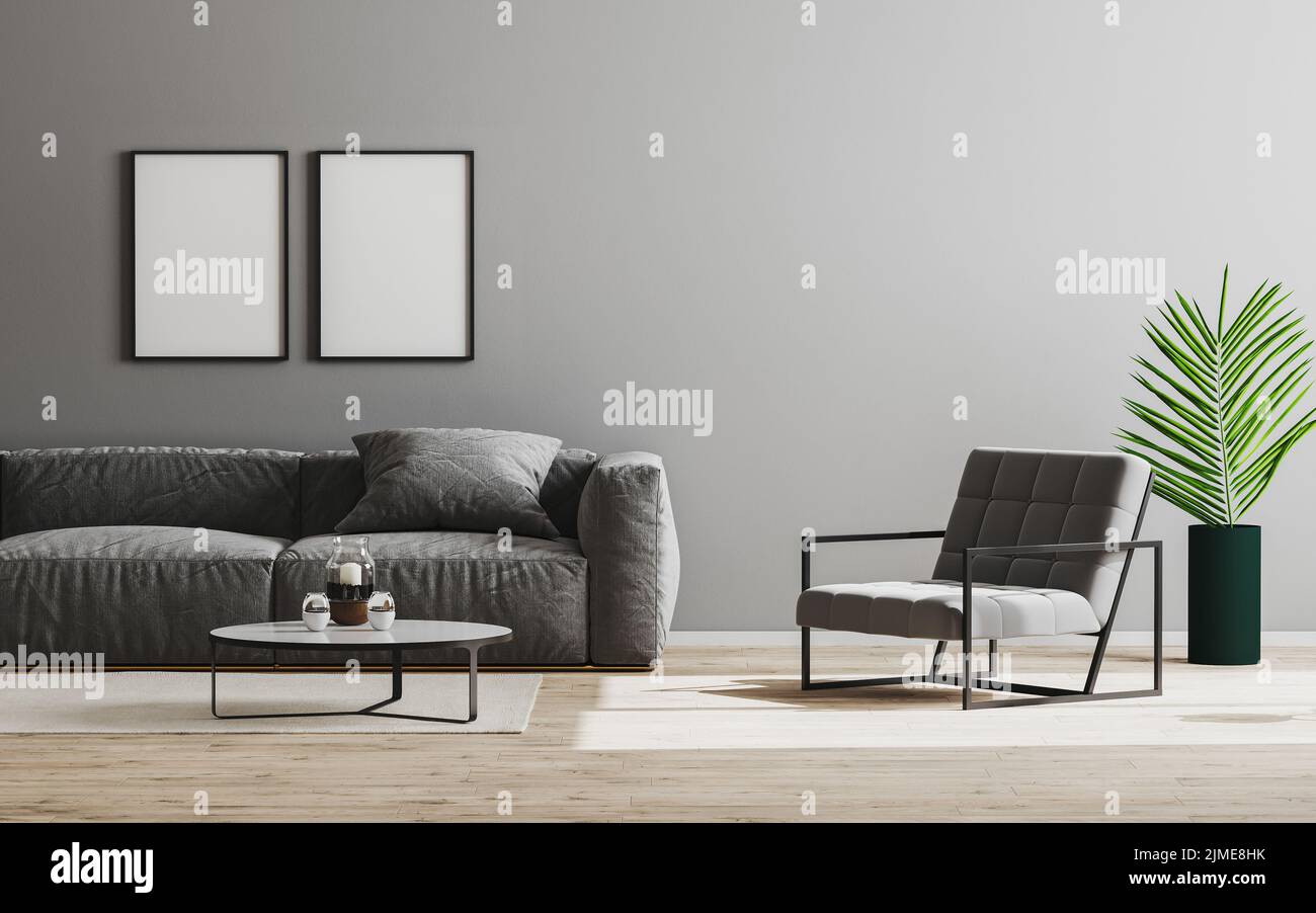 Empty picture frame mockup in modern living room interior background in