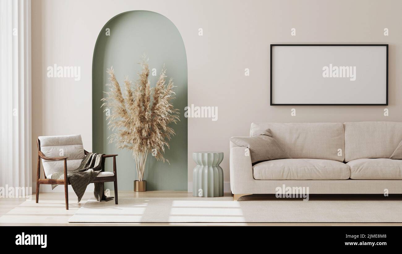 Empty picture frame on beige wall in living room interior with modern ...