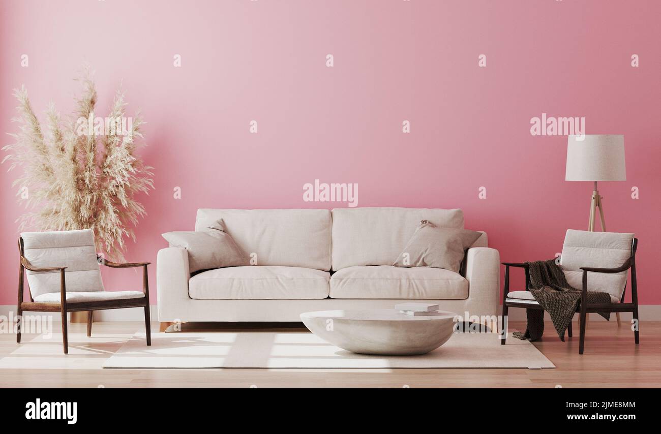 Pink room interior, living room interior mockup, empty pink wall, 3d
