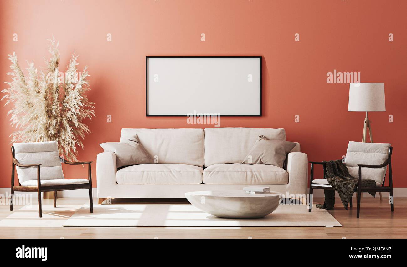 Blank picture frame mock up in red room interior , 3d rendering Stock Photo