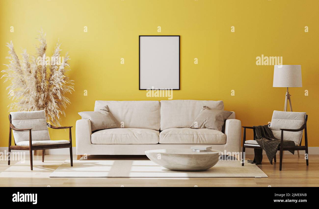 Blank picture frame mock up in yellow room interior , 3d rendering Stock Photo