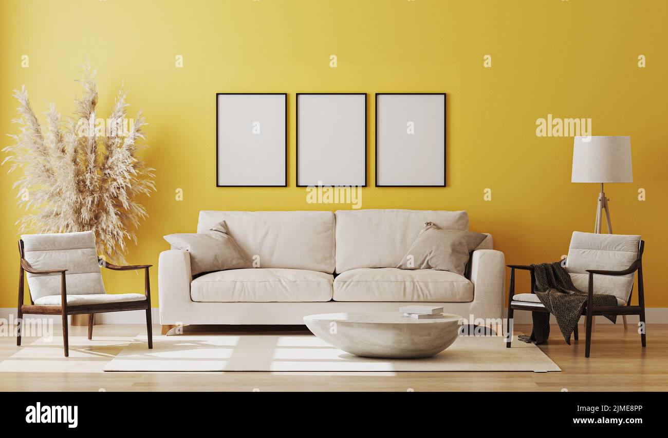 Blank picture frame mock up in yellow room interior , 3d rendering Stock Photo
