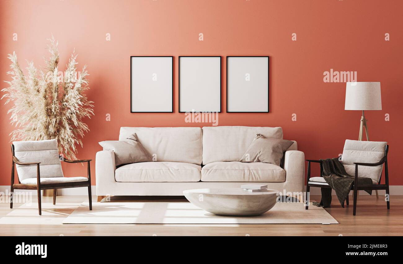 Blank picture frame mock up in red room interior , 3d rendering Stock Photo