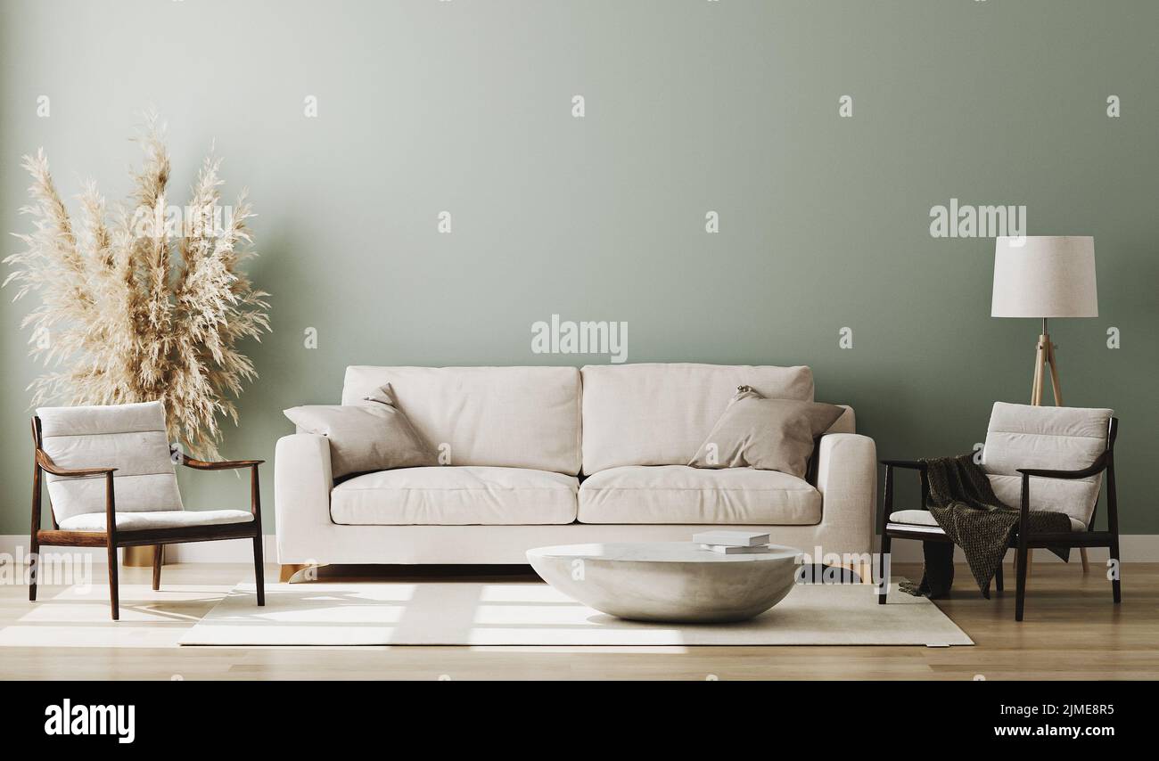 Pastel green room interior, living room interior mockup, empty green wall, 3d rendering Stock Photo
