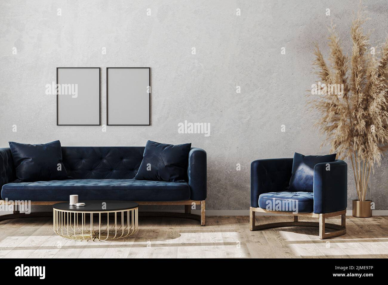 Blank poster frames in modern scandinavian style living room interior