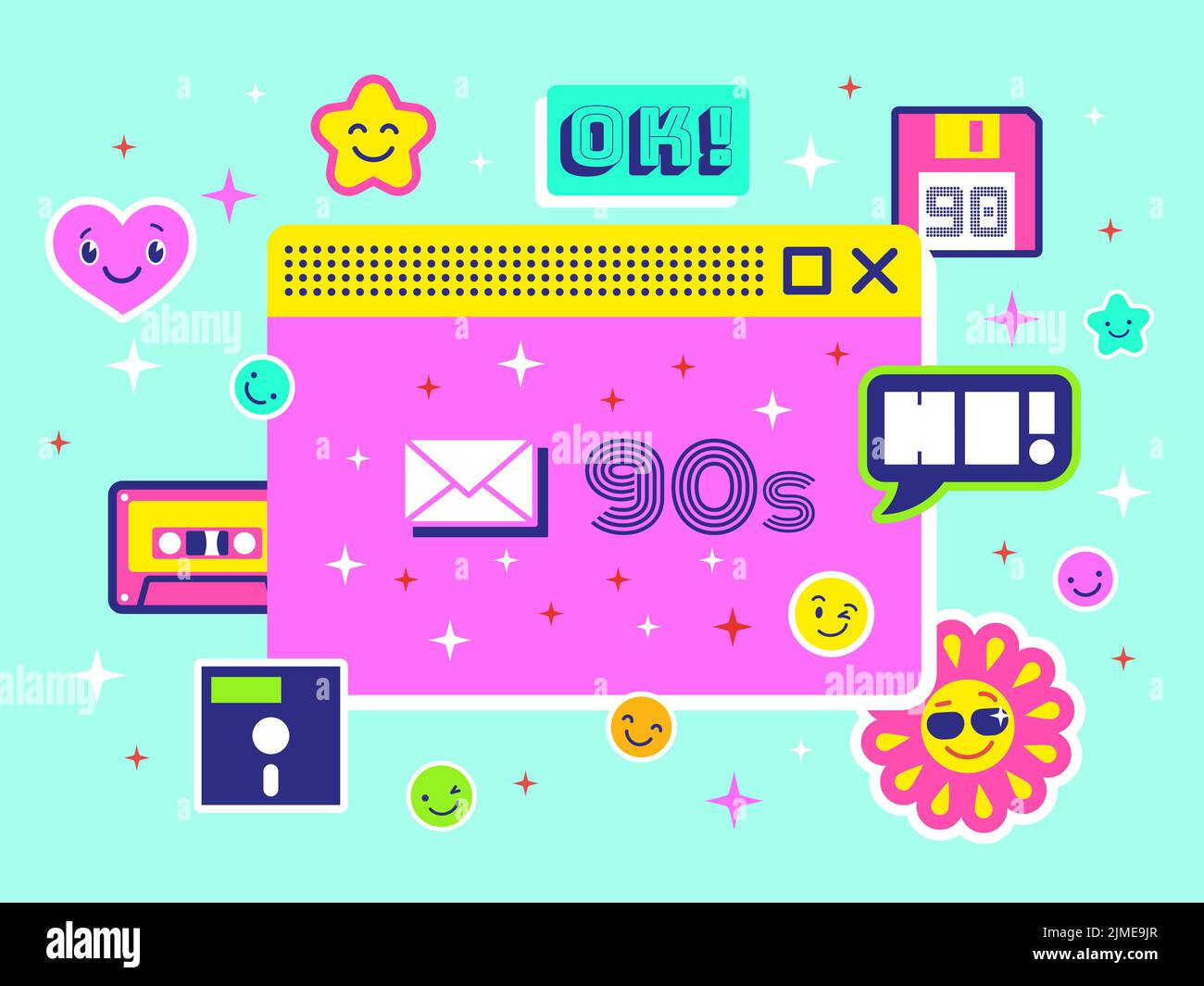 Flat 90s background. Retro internet computer window with smile stickers. 1980 digital nostalgia poster. Web system 80s, pixel elements tidy vector Stock Vector