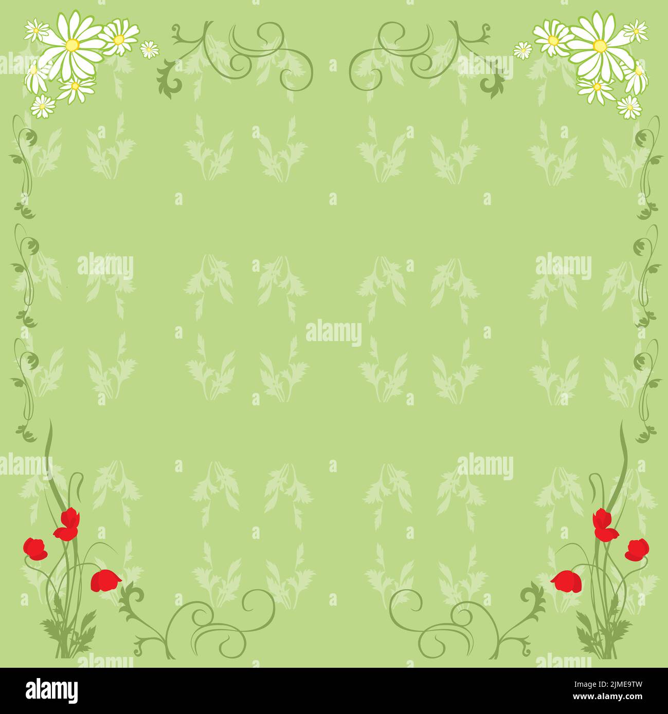 A vector illustration of a frame with leaves and flowers on a green ...
