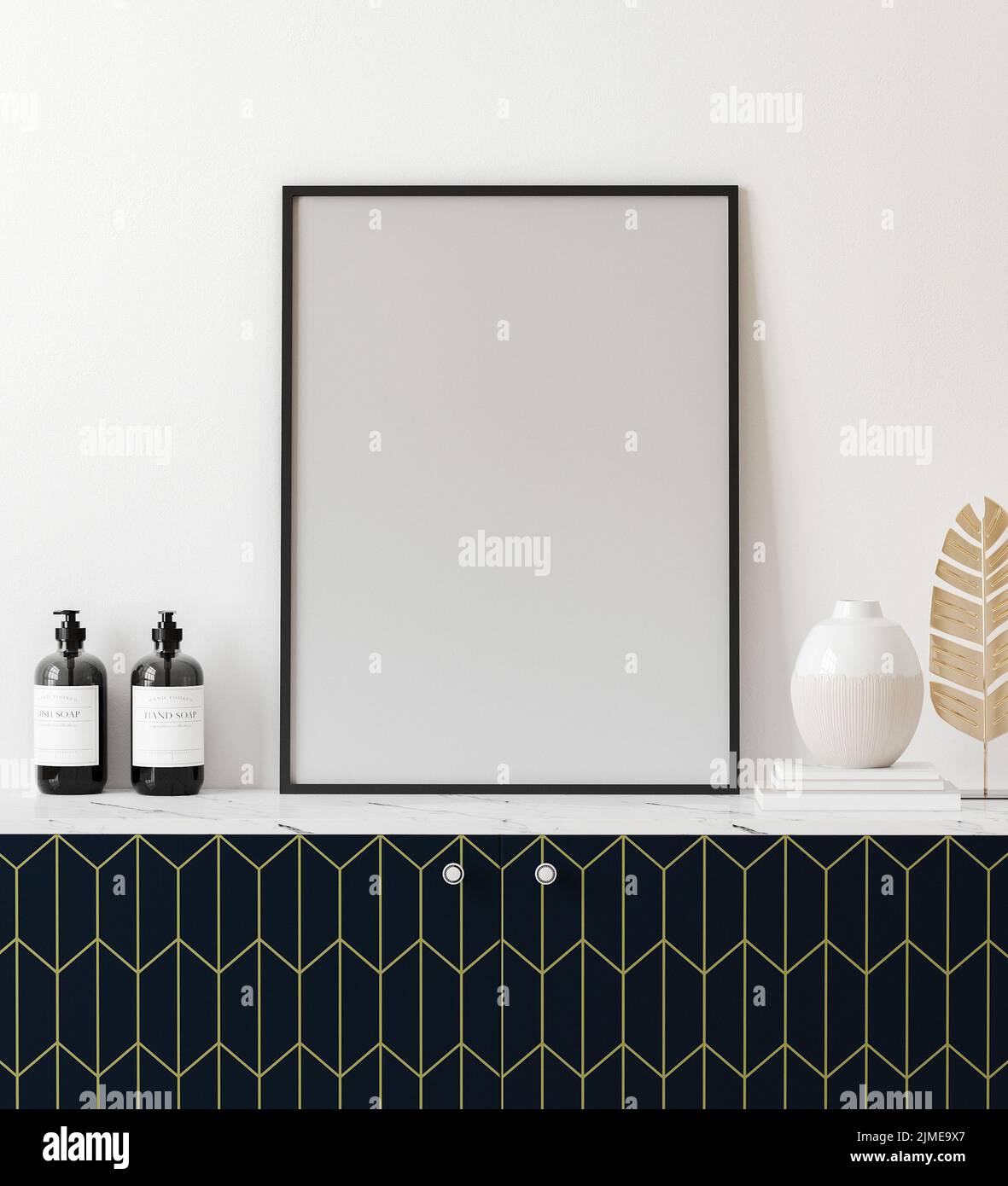 Mockup poster frame in bright modern interior with white wall and ...