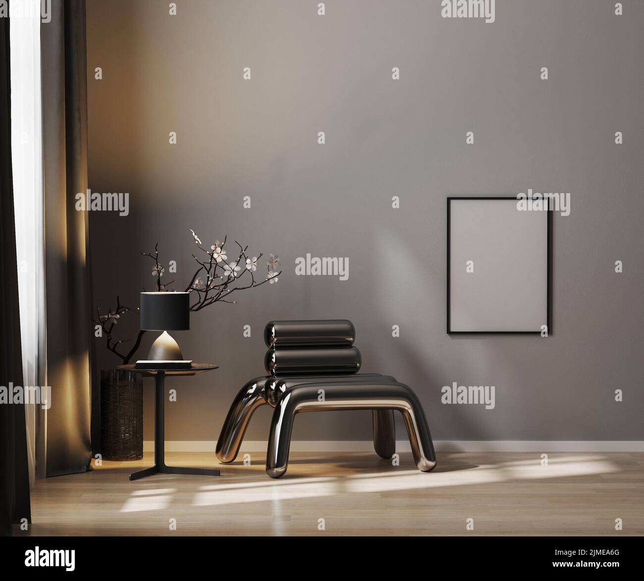 Blank poster frame on gray wall in luxury interior background in dark ...