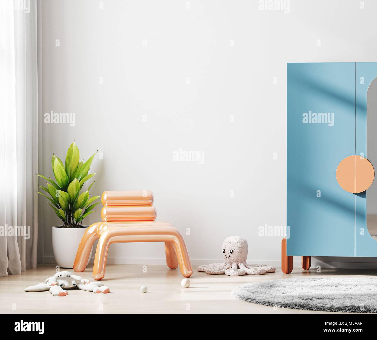 Stylish children room interior mock up with white wall, colorful