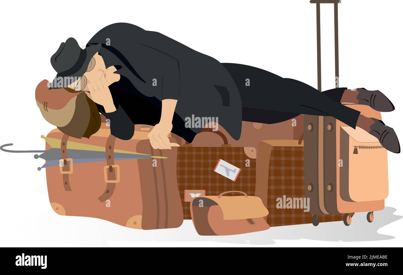 Tired man lying on the bags illustration. Tired traveler in the hat is on the luggage and sleeps waiting for flight, passage, train or bus. Isolated Stock Vector