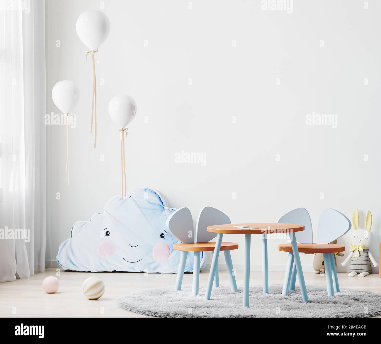 Children playroom with white wall and kids table, children room