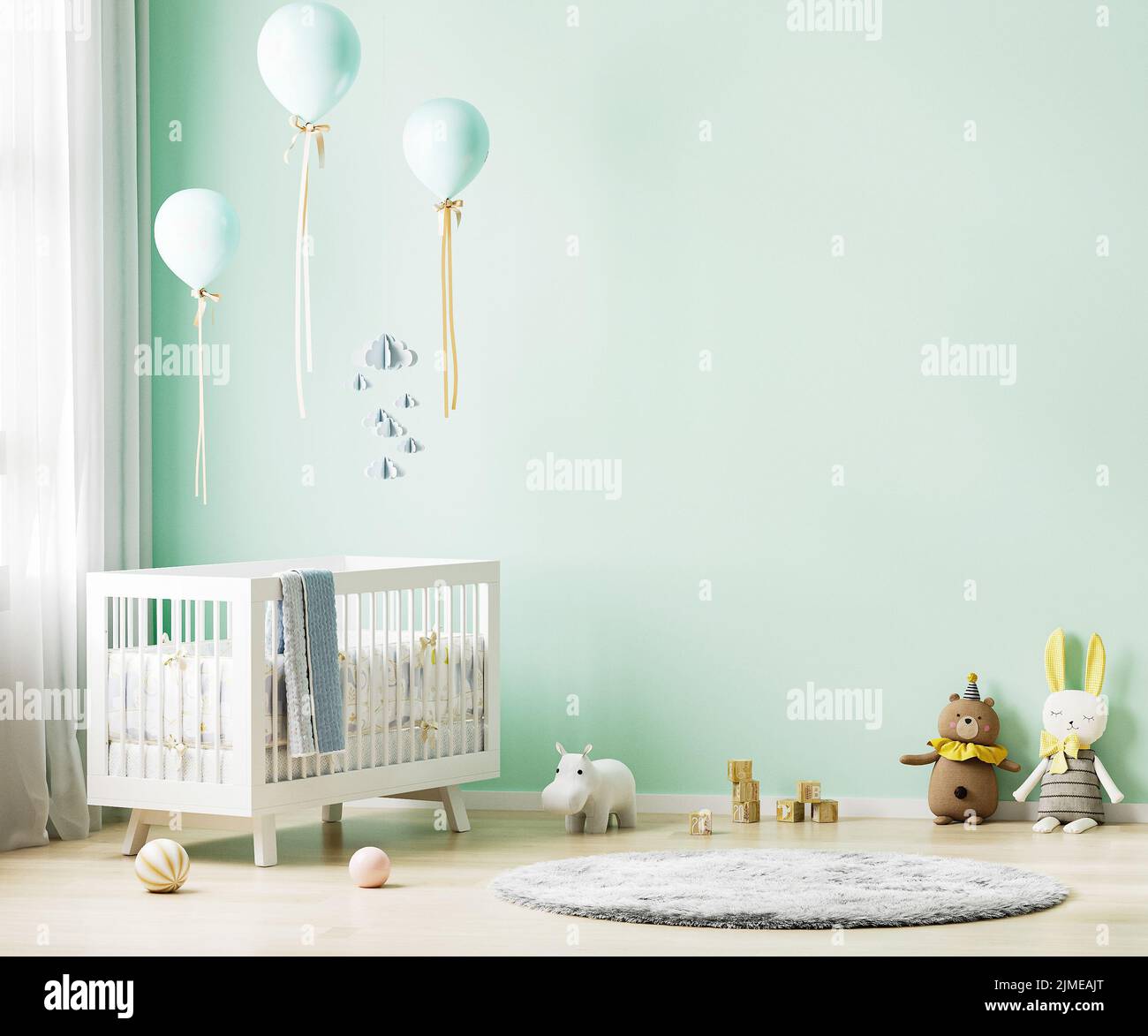 Green nursery room interior background with baby bedding, toys, balloons, nursery mock up, kids room interior, 3d rendering Stock Photo