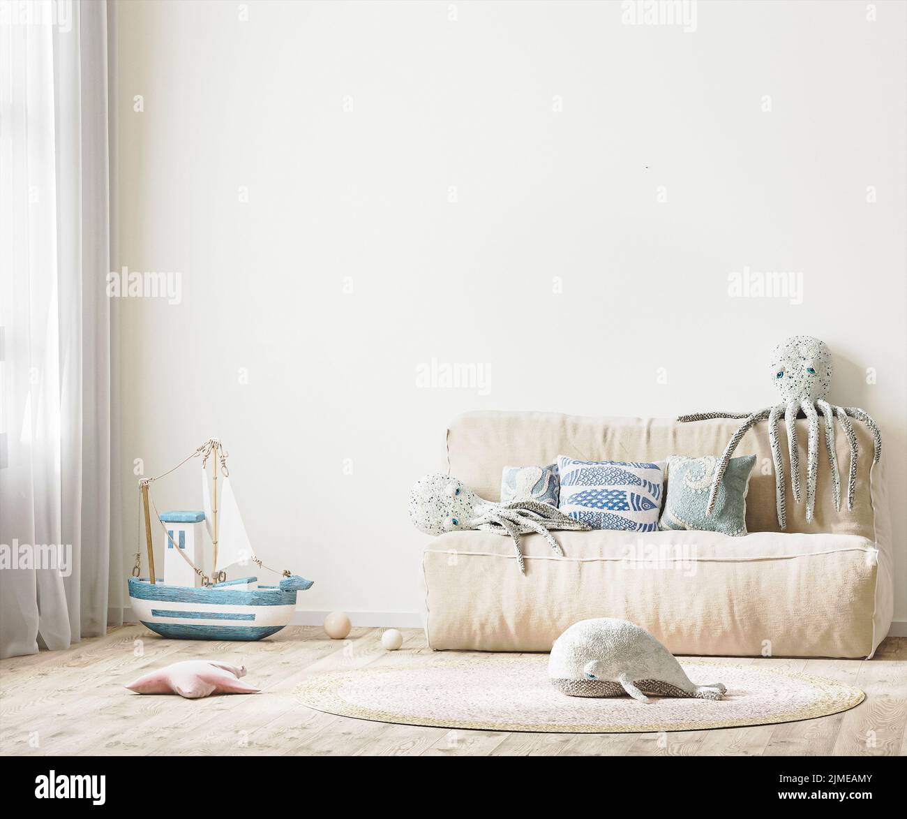 Children's room with bed and soft toys, white wall mock up in kids room interior, 3d rendering Stock Photo