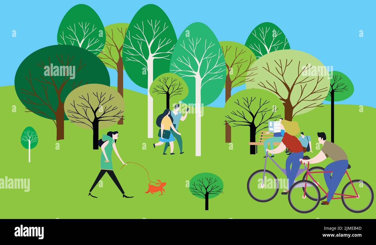 Getting Around Cartoon A cartoon vector illustration of people walking and riding bikes in a ...