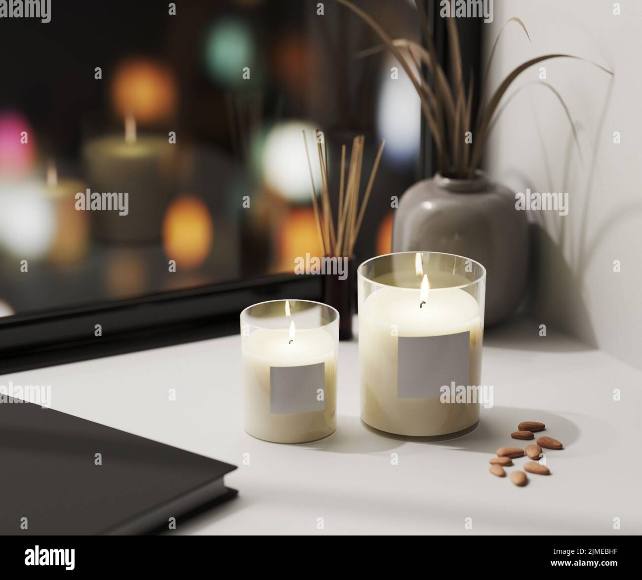 White scented candle in glass with blank label mockup with aroma reed