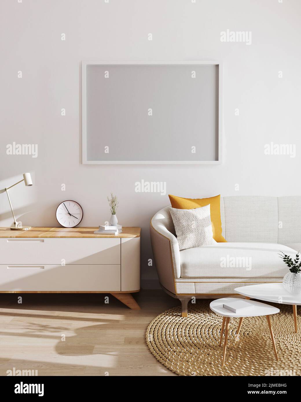 Horizontal empty frame above cupboard and sofa on white wall in modern living room interior, 3d