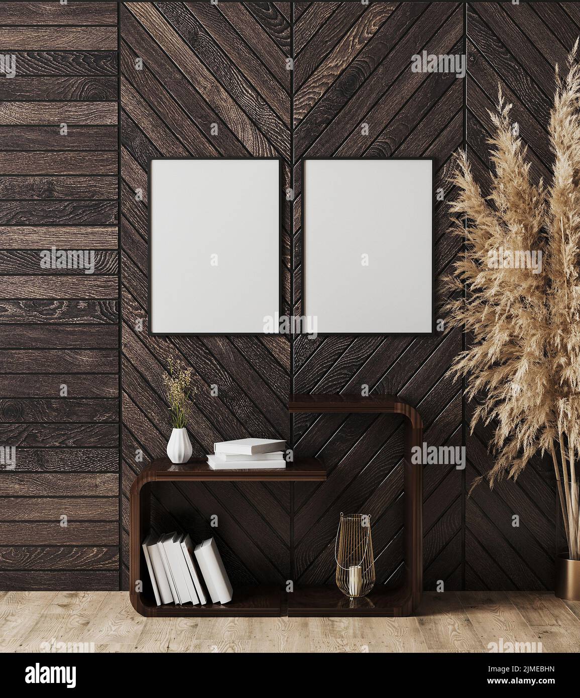 Two Blank vertical black frames on dark wooden wall with shelves with decoration and books on, pampas grass, 3d rendering Stock Photo
