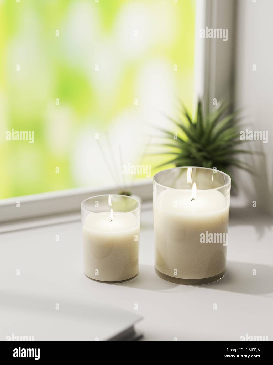 Scented candle, burning white aromatic candles in glass on white
