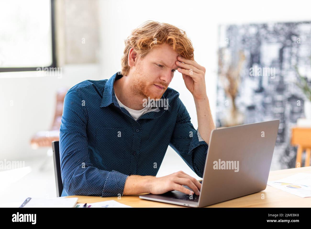 Portrait of puzzled, tired stressed young man depression, bankruptcy, overwork Stock Photo