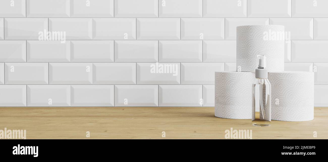 Hand sanitizer, disinfectant and toilet paper rolls on wooden and white tile background. Hand sanitizer, disinfectant and Toilet Stock Photo