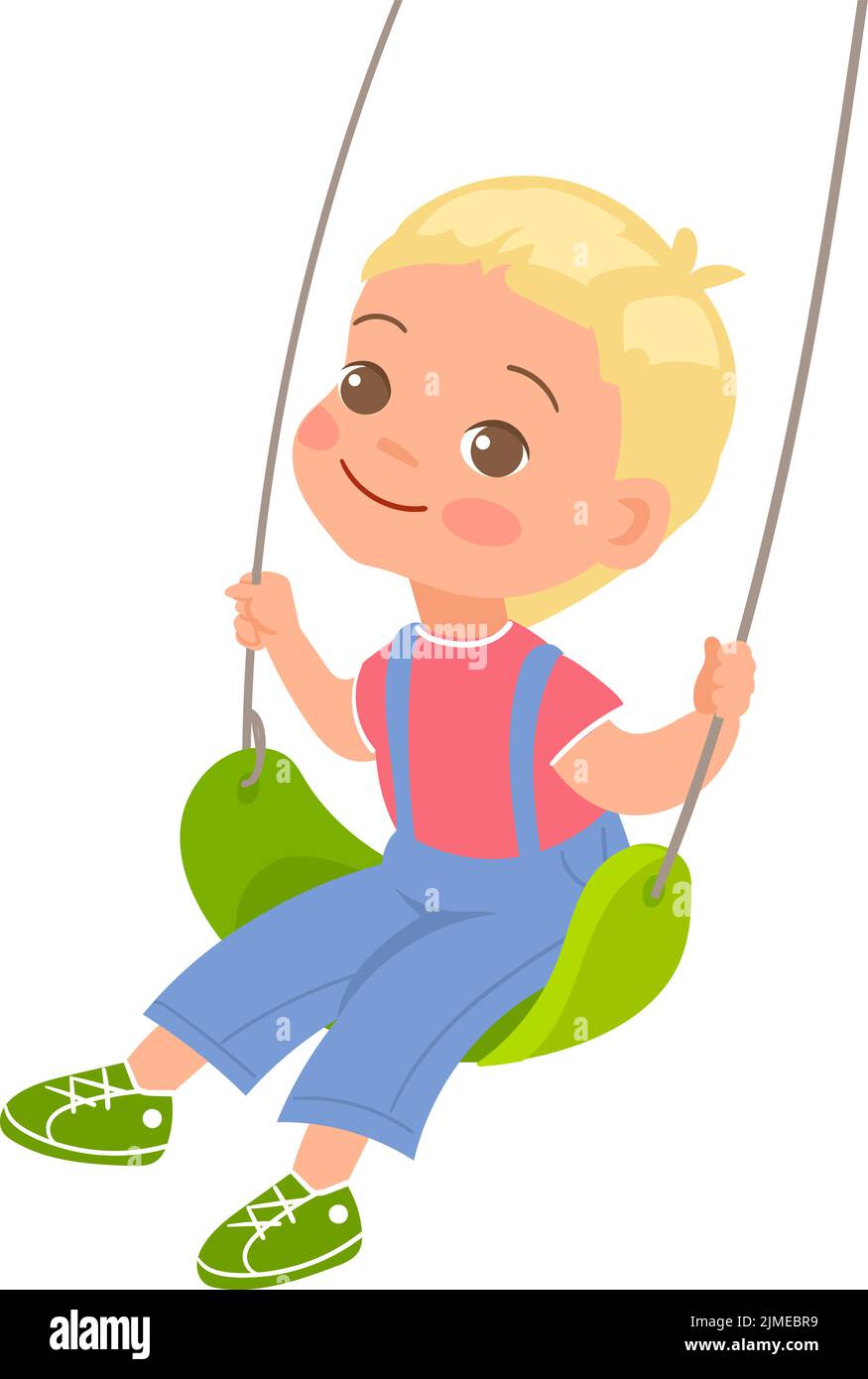 Kid on rope swing. Swinging girl. Preschool child playing in playground