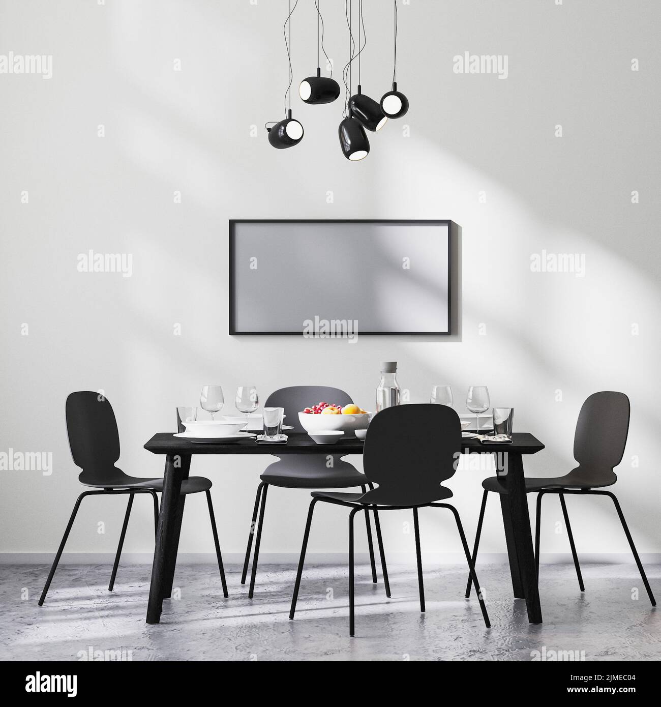Frame mock up in modern dining room interior with black table and ...