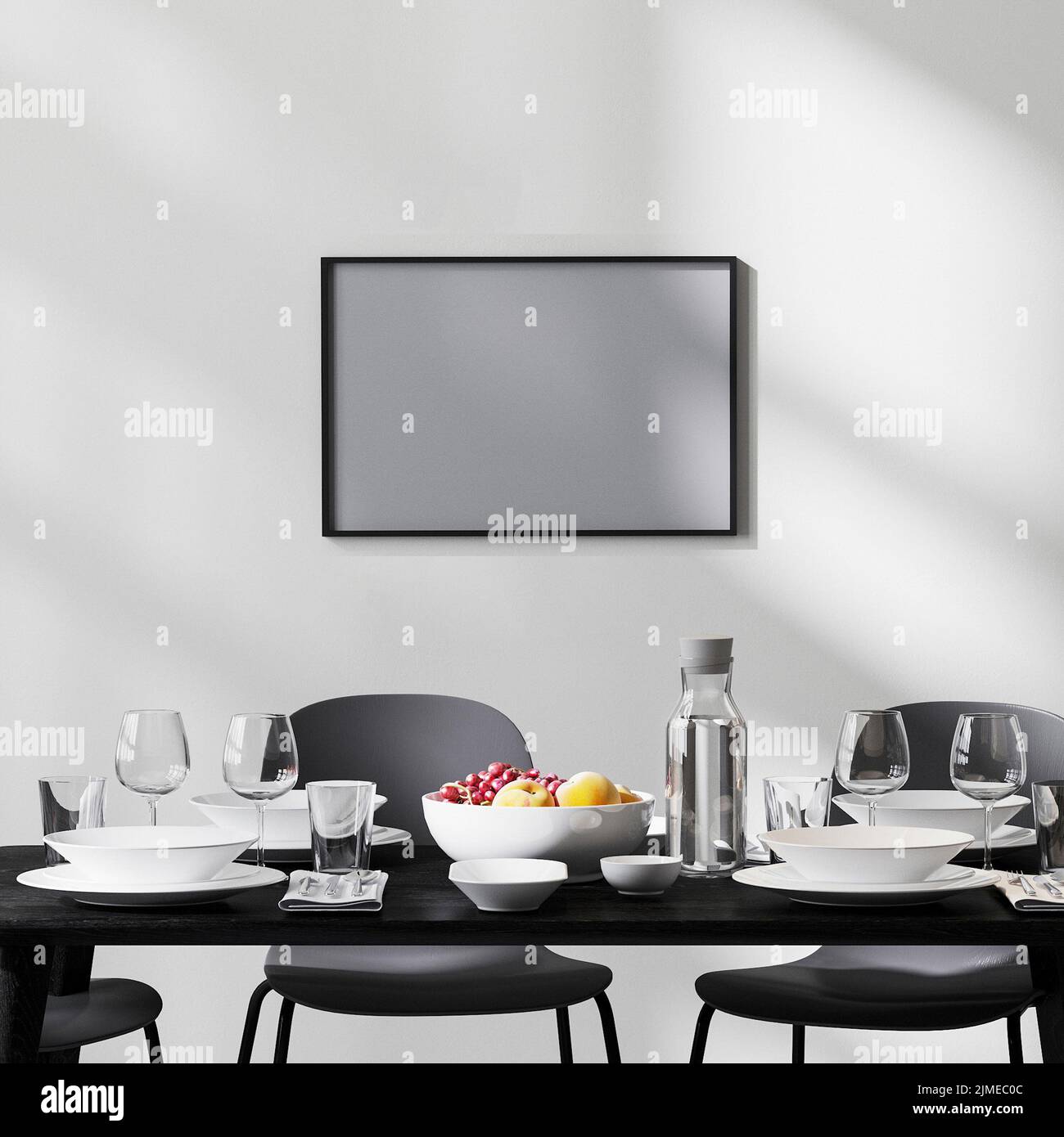 Frame mock up in modern dining room interior with black table and ...