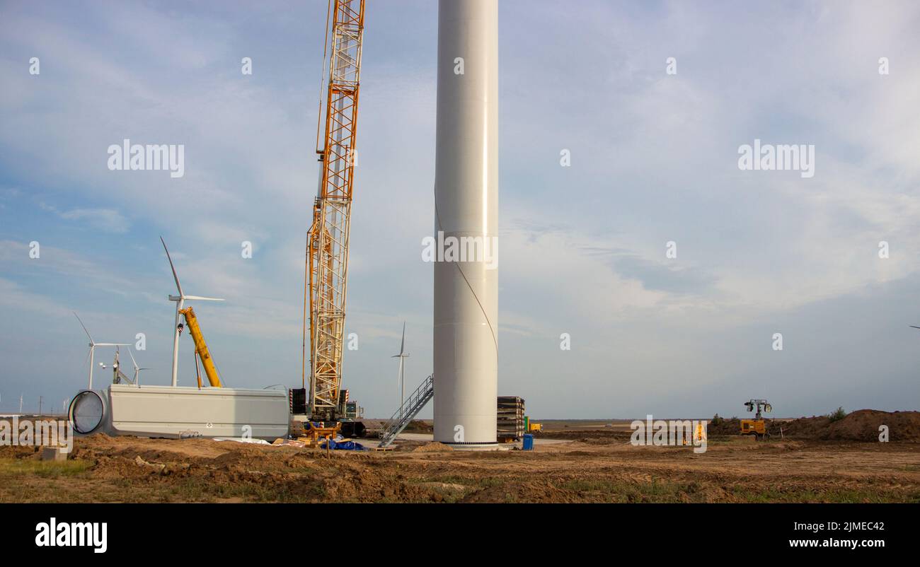 Wind turbine construction site, installation of a windmill crane Stock ...