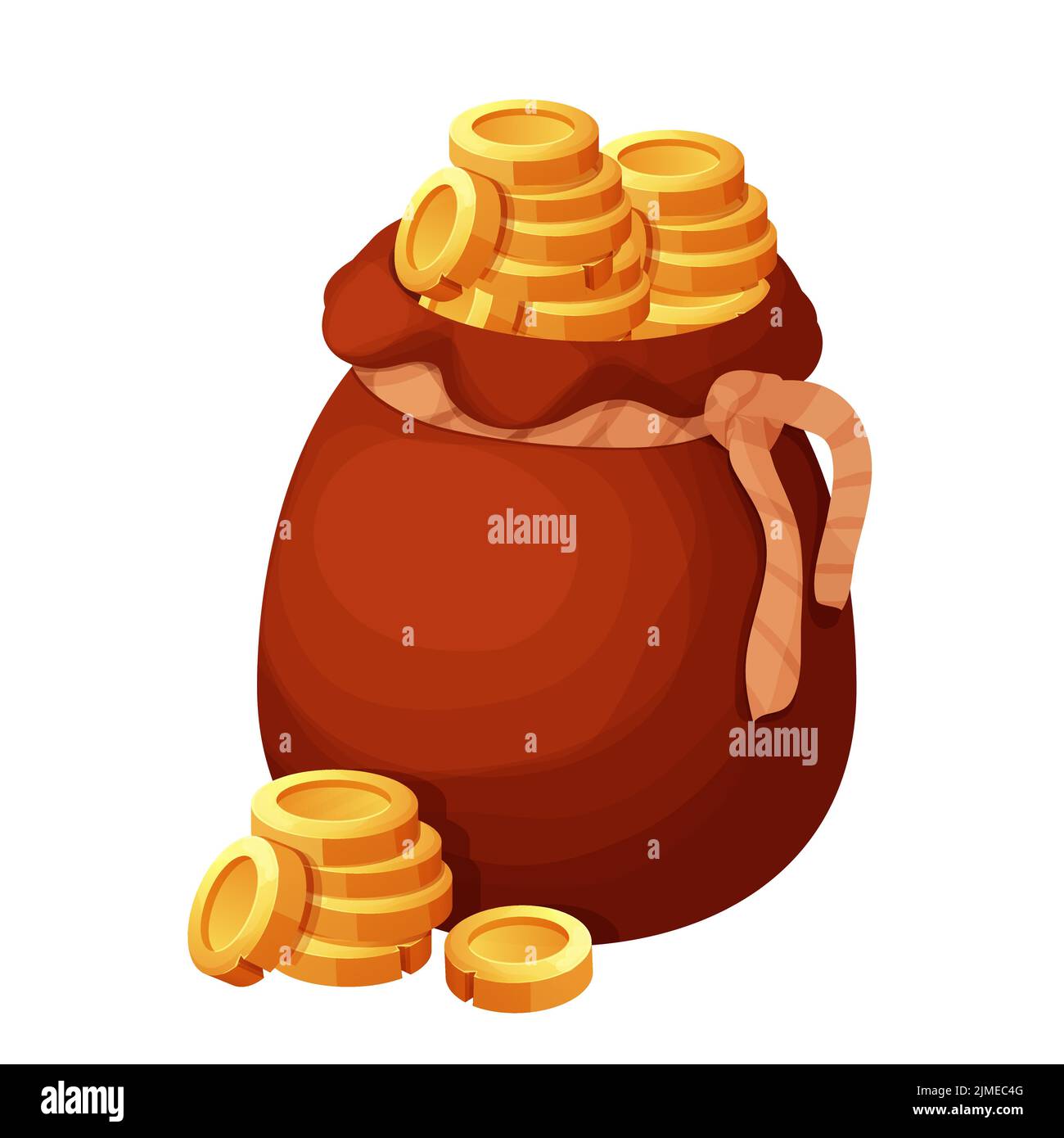 Old bag with golden coins in cartoon style isolated on white background. Money bag, treasure obgect. Ui icon, asset. Vector illustration Stock Vector