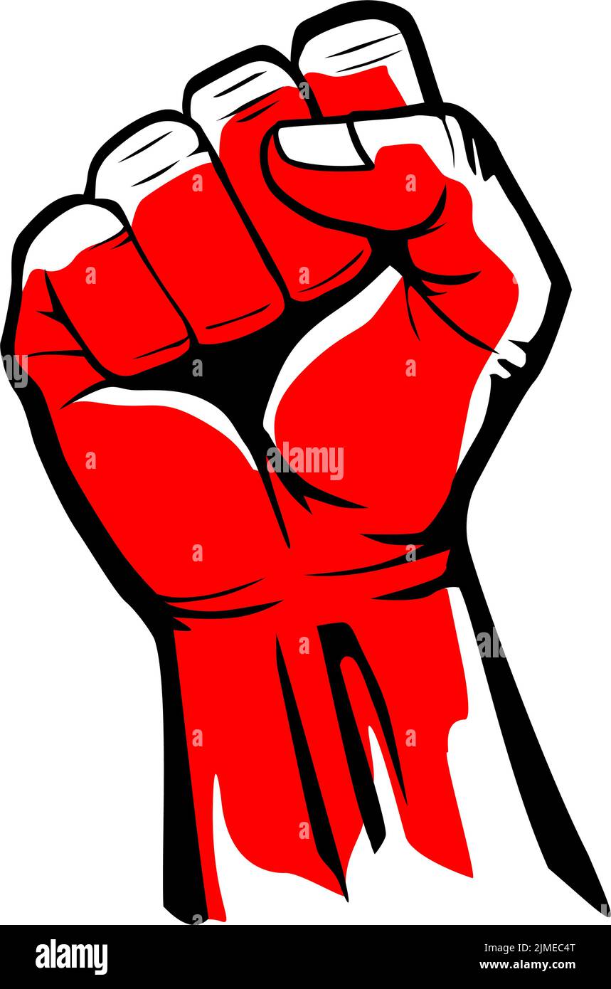 Red hand clenched fist. Symbol of revolutionary protest. Vector on transparent background Stock Vector
