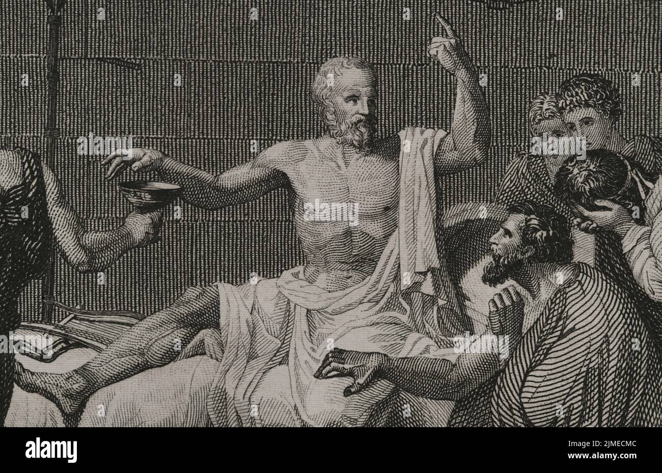 Socrates (ca. 470 BC - 399 BC). Greek philosopher. Accused of corrupting the youth, he was condemned to death by the Heliaia (Supreme Court of Ancient Athens). Death of Socrates. Detail of a engraving by A. Roca, based on the painting by Jacques-Louis David. 'Historia Universal', by César Cantú. Volume I, 1854. Author: Antonio Roca Sallent (1813-1864). Spanish engraver. Stock Photo
