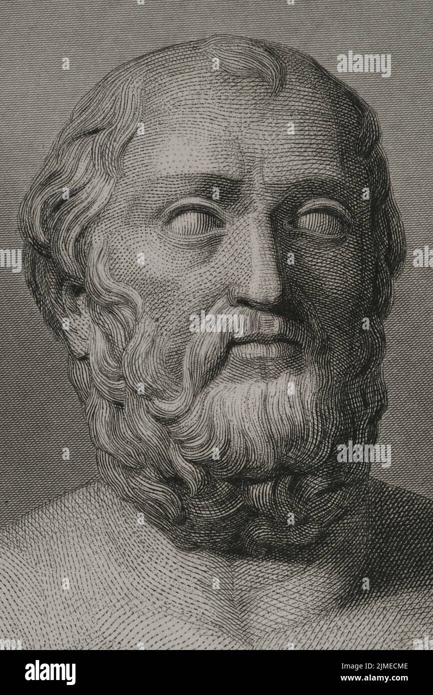 Plato (428/427 BC-348/347 BC). Greek philosopher. Portrait. Engraving by Geoffroy. "Historia Universal", by César Cantú. Volume I, 1854. Author: Charles Geoffroy (1819-1882). French engraver. Stock Photo