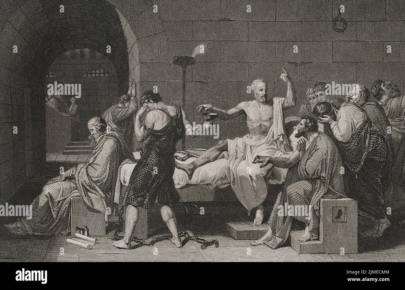 Socrates (ca. 470 BC - 399 BC). Greek philosopher. Accused of corrupting the youth, he was condemned to death by the Heliaia (Supreme Court of Ancient Athens). Death of Socrates. The scene shows Plato seated at the foot of the bed, in a meditative attitude. Engraving by A. Roca, based on the painting by Jacques-Louis David. 'Historia Universal', by César Cantú. Volume I, 1854. Author: Antonio Roca Sallent (1813-1864). Spanish engraver. Stock Photo