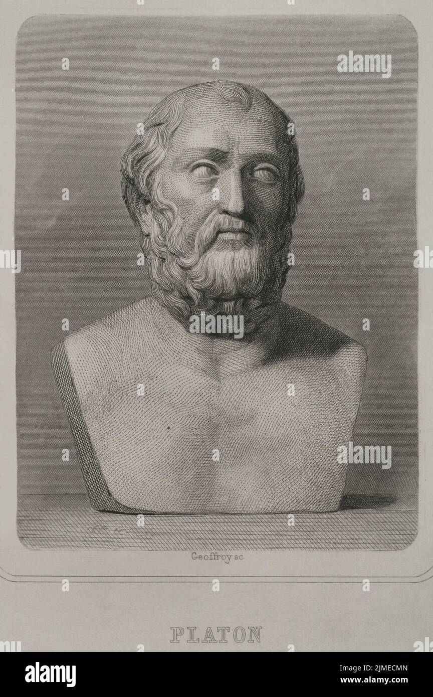 Plato (428/427 BC-348/347 BC). Greek philosopher. Portrait. Engraving by Geoffroy. "Historia Universal", by César Cantú. Volume I, 1854. Author: Charles Geoffroy (1819-1882). French engraver. Stock Photo