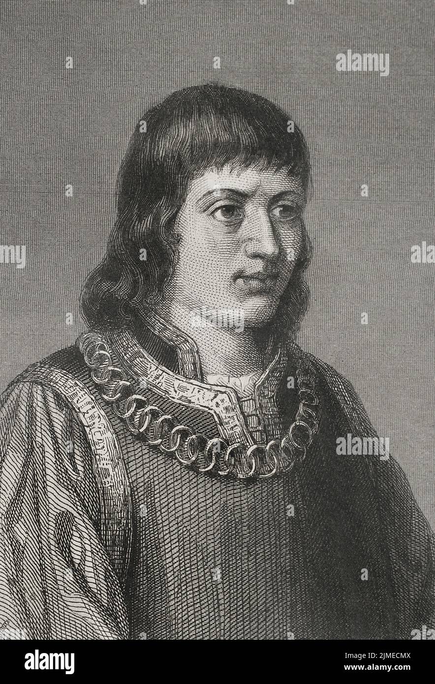 Ferdinand II of Aragon, called The Catholic (1452-1516). King of the Crown of Aragon. King of Castile as Ferdinand V (1474-1504). Portrait. Engraving by Geoffroy. 'Historia Universal', by César Cantú. Volume IV, 1856. Author: Charles Geoffroy (1819-1882). French engraver. Stock Photo
