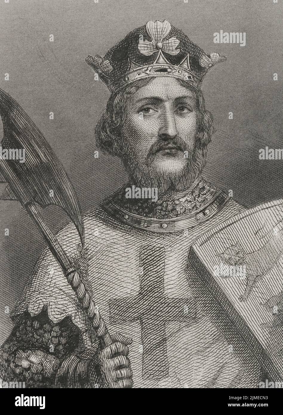 Richard I (1157-1199). King of England (1189-1199), nicknamed Richard the Lionheart. House of Plantagenet. Portrait. Engraving. 'Historia Universal', by César Cantú. Volume III, 1855. Stock Photo