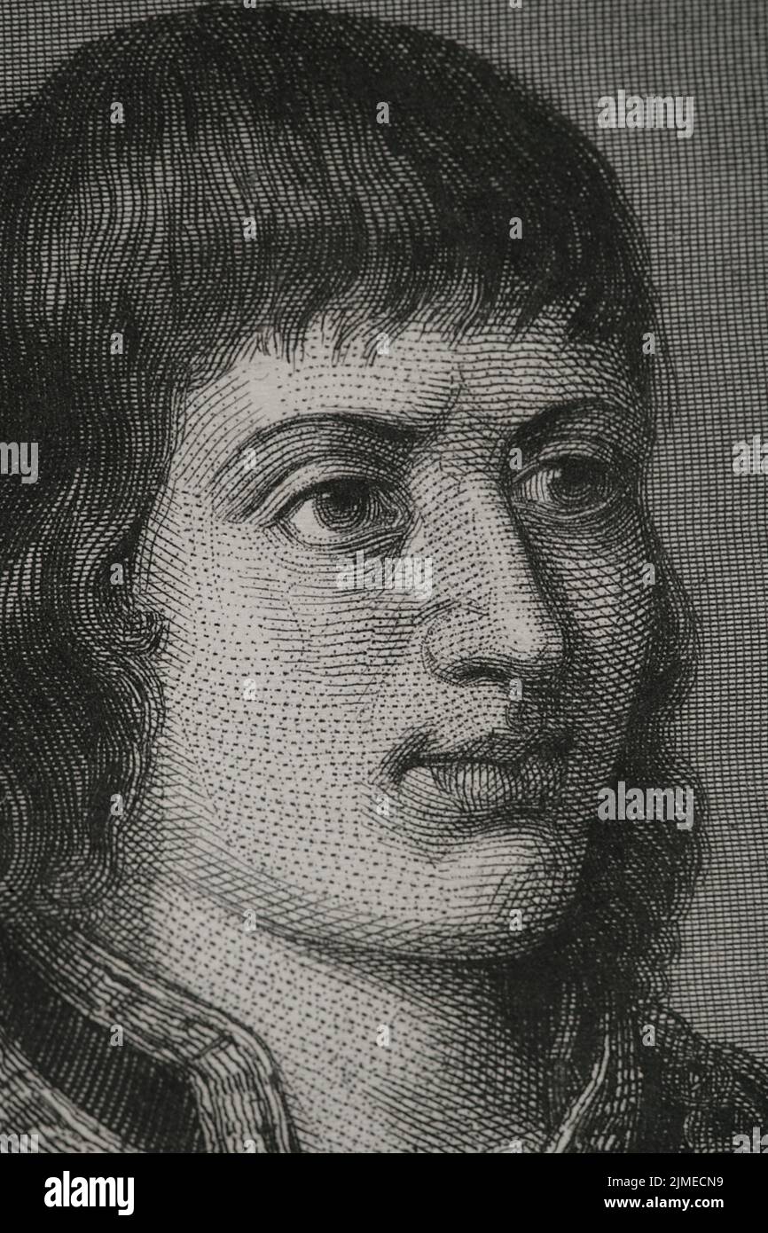 Ferdinand II of Aragon, called The Catholic (1452-1516). King of the Crown of Aragon. King of Castile as Ferdinand V (1474-1504). Portrait. Engraving by Geoffroy. Detail. 'Historia Universal', by César Cantú. Volume IV, 1856. Author: Charles Geoffroy (1819-1882). French engraver. Stock Photo