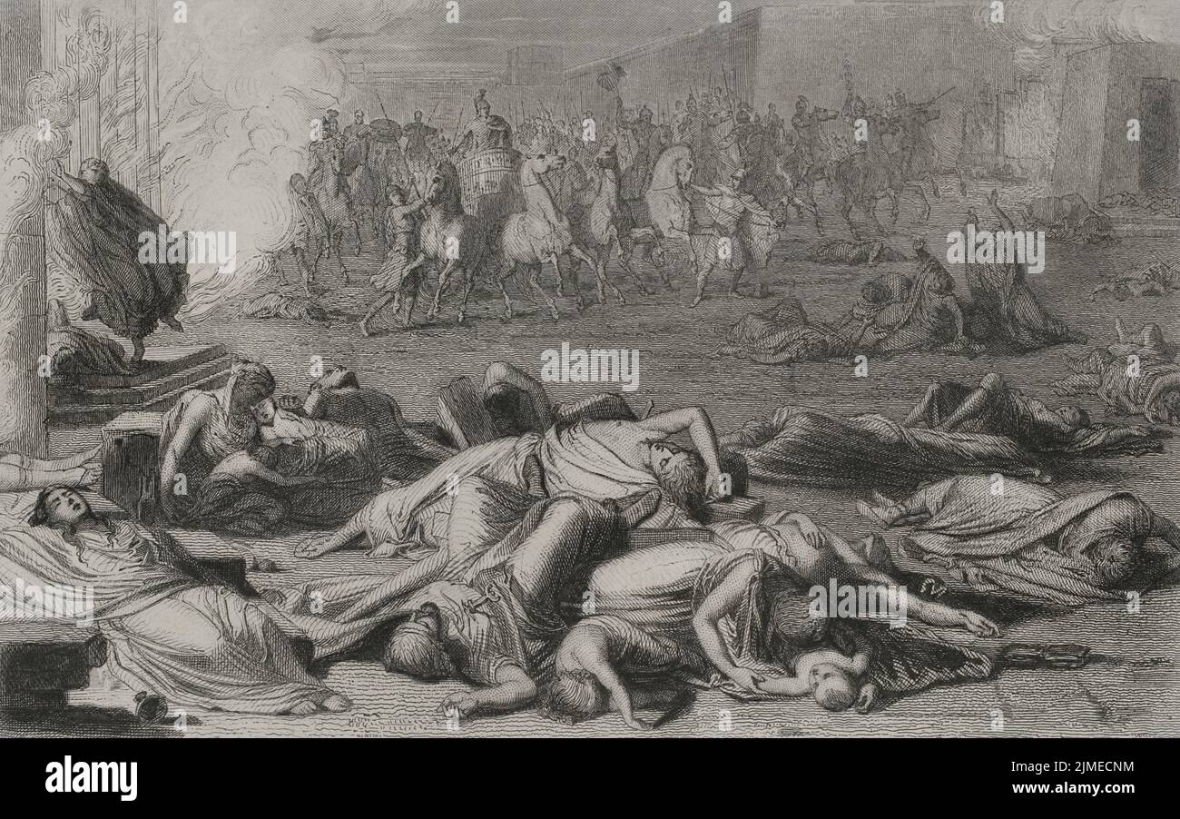 Numantine War. Siege of Numantia by Roman troops, 133 BC. Destruction of the city. Engraving. 'Historia Universal', by César Cantú. Volume II, 1854. Stock Photo