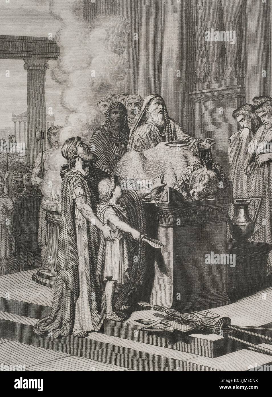 Hannibal Barca (247-183 BC). Carthaginian general and statesman. Hannibal in the Temple of Carthage with his father Hamilcar Barca, at the age of nine, taking an oath of eternal hatred of Rome by dipping his hands in the blood of the sacrificed animal. Engraving. 'Historia Universal', by César Cantú. Volume II, 1854. Stock Photo