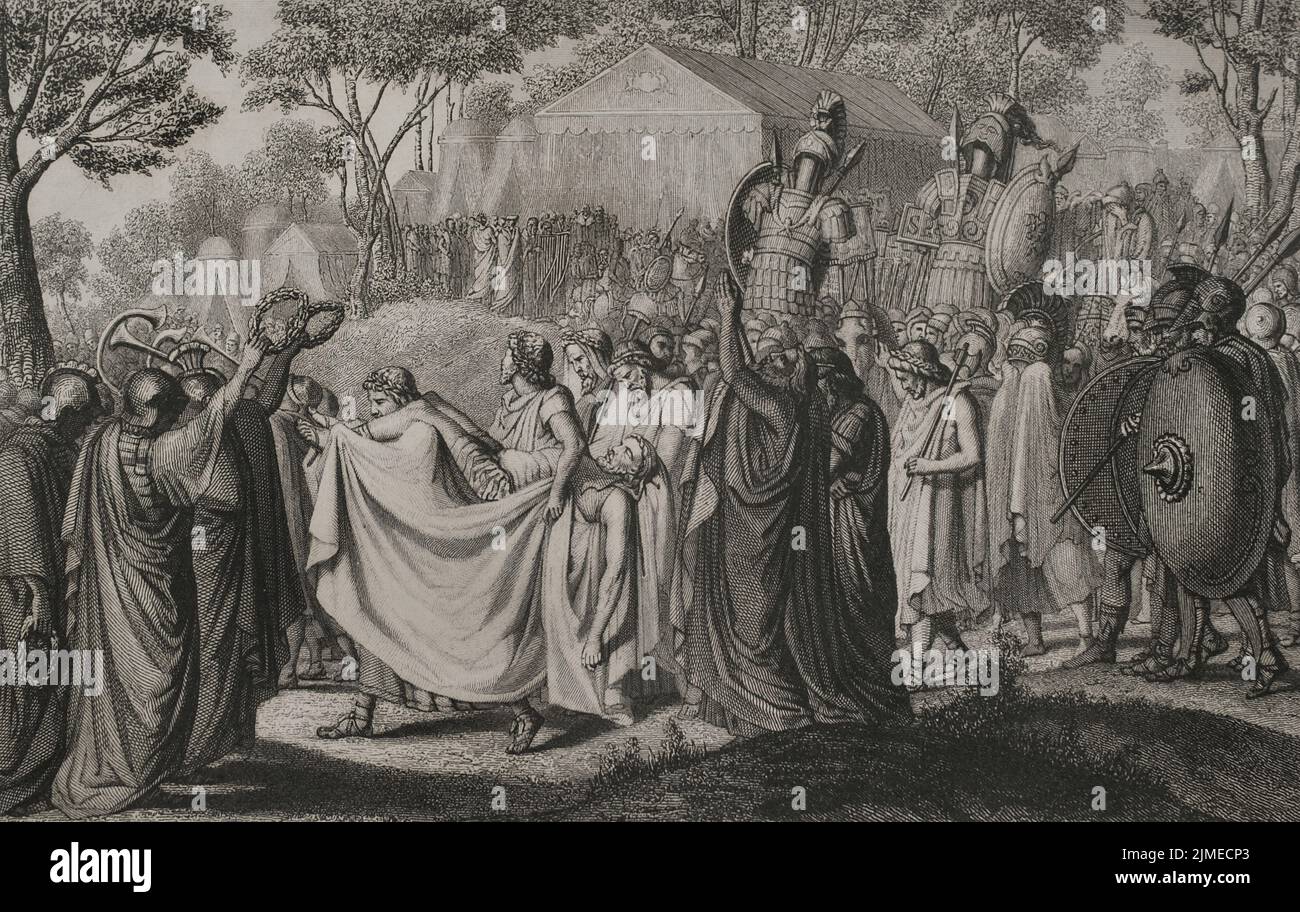 Viriathus (d. 139 BC). Leader of the Lusitanian people who fought against Roman expansion in Hispania in the mid-2nd century BC. Death of Viriathus. Drawing by Méndez. Engraving by A. Roca. "Historia Universal", by César Cantú. Volume II, 1854. Author: Antonio Roca Sallent (1813-1864). Spanish engraver. Stock Photo