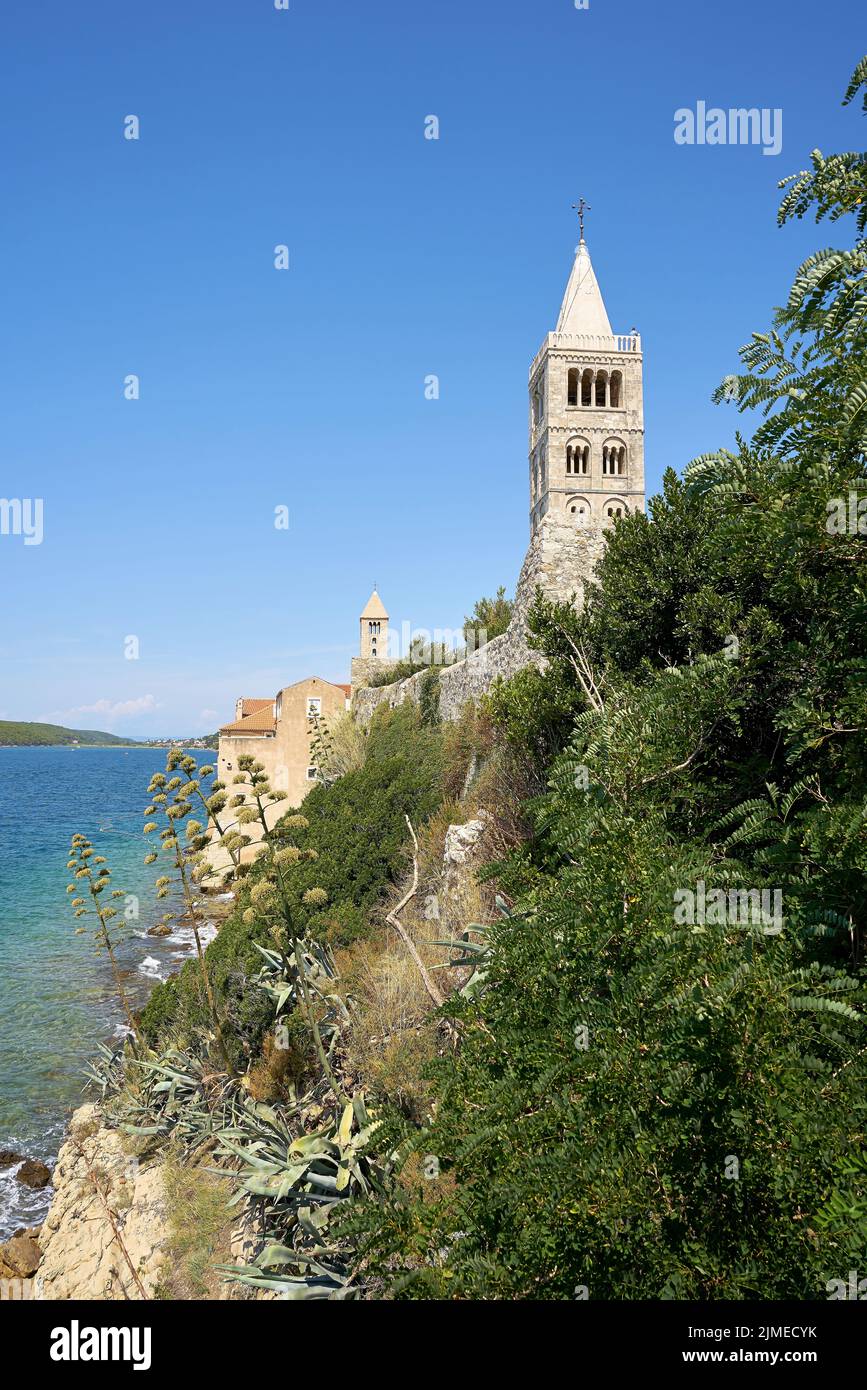 Bell tower of the Cathedral of the Assumption of the Blessed Virgin Mary in Rab Stock Photo