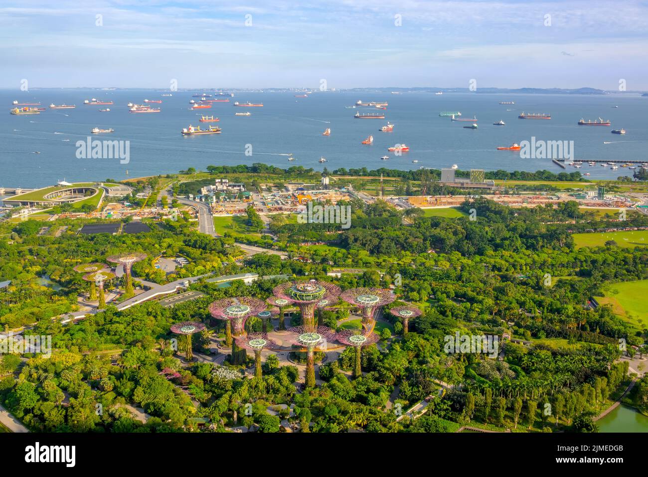 Panorama of Gardens by the Bay and Ship Raid in Singapore. Aerial View Stock Photo