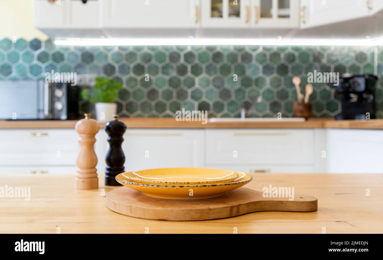 Modern kitchen interior with white furniture home background Stock