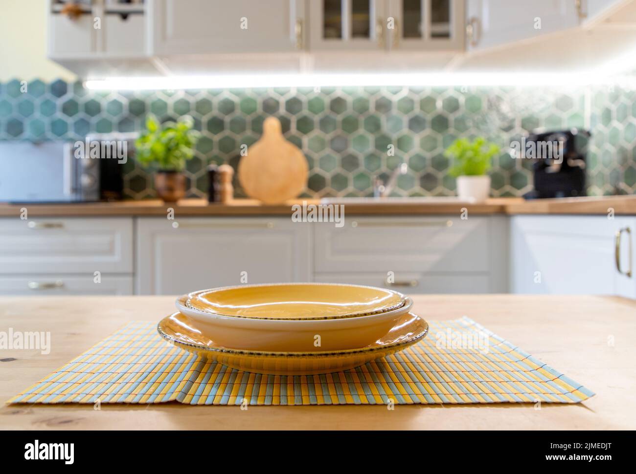 Modern kitchen interior with white furniture home background Stock