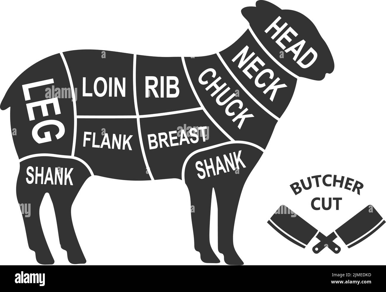 Sheep scheme cuts. Butcher diagram poster. Meat diagram scheme illustration. Cuts of sheep meat. Farm animal silhouette. Stock Vector