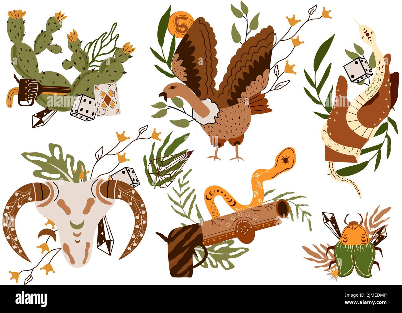 Set a Wild West composition with animal skull, playing cards, wild flying vulture, a hand holding a snake and others. Further Old West in flat style. Vector illustration Stock Vector