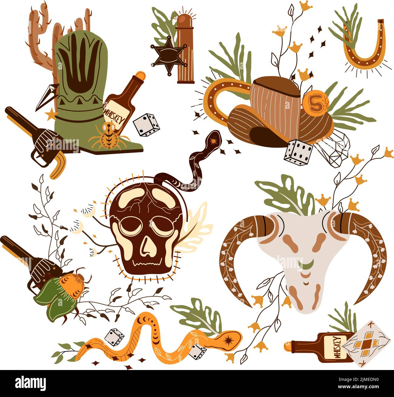 Set Wild west composition with cowboy hat, playing cards, an skull, a mystical snake, dice, gun and other. Further Old West in flat style. Vector illustration. Stock Vector