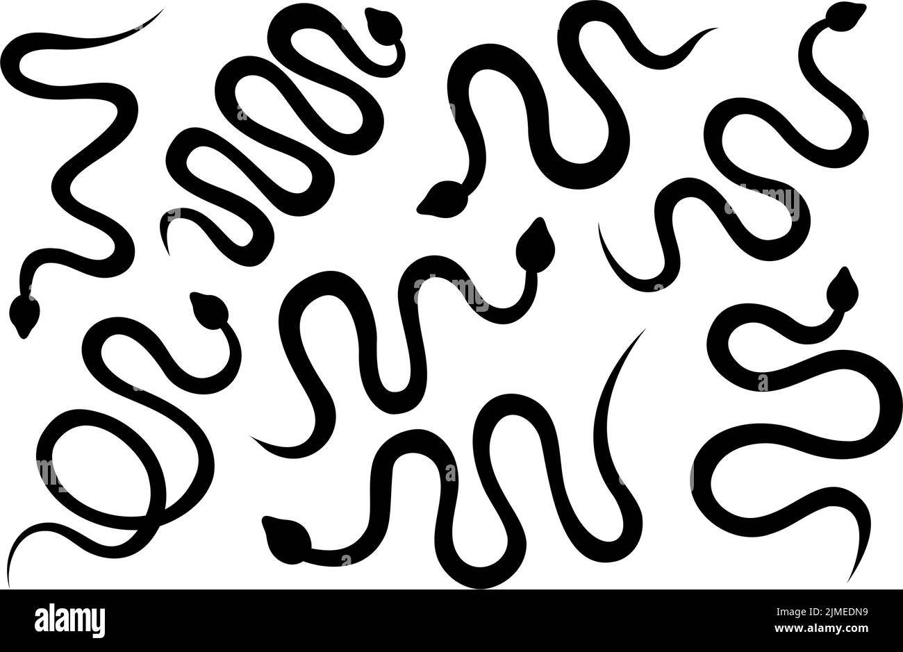 Black snakes silhouettes set. Tropical toxic reptiles. Dark hand drawn poisonous snakes. Dangerous exotic rattlesnakes isolated on white background. Stock Vector
