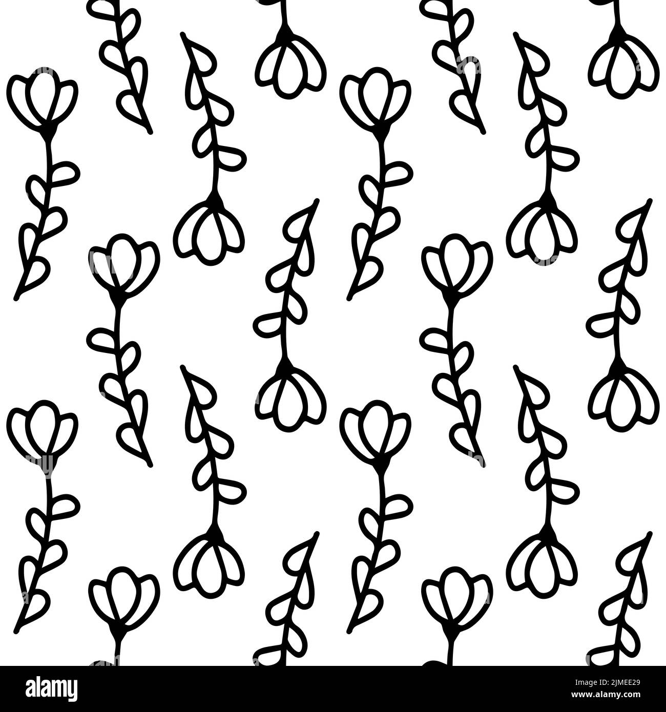 Doodle flower seamless pattern. Black flowers variety, hand drawn floral texture. Spring themed cute sketch elements Stock Vector